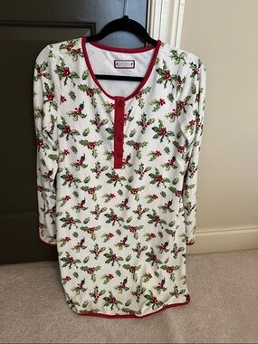 SweetHoney White Nightgown with Red Trim and Green Holly Print